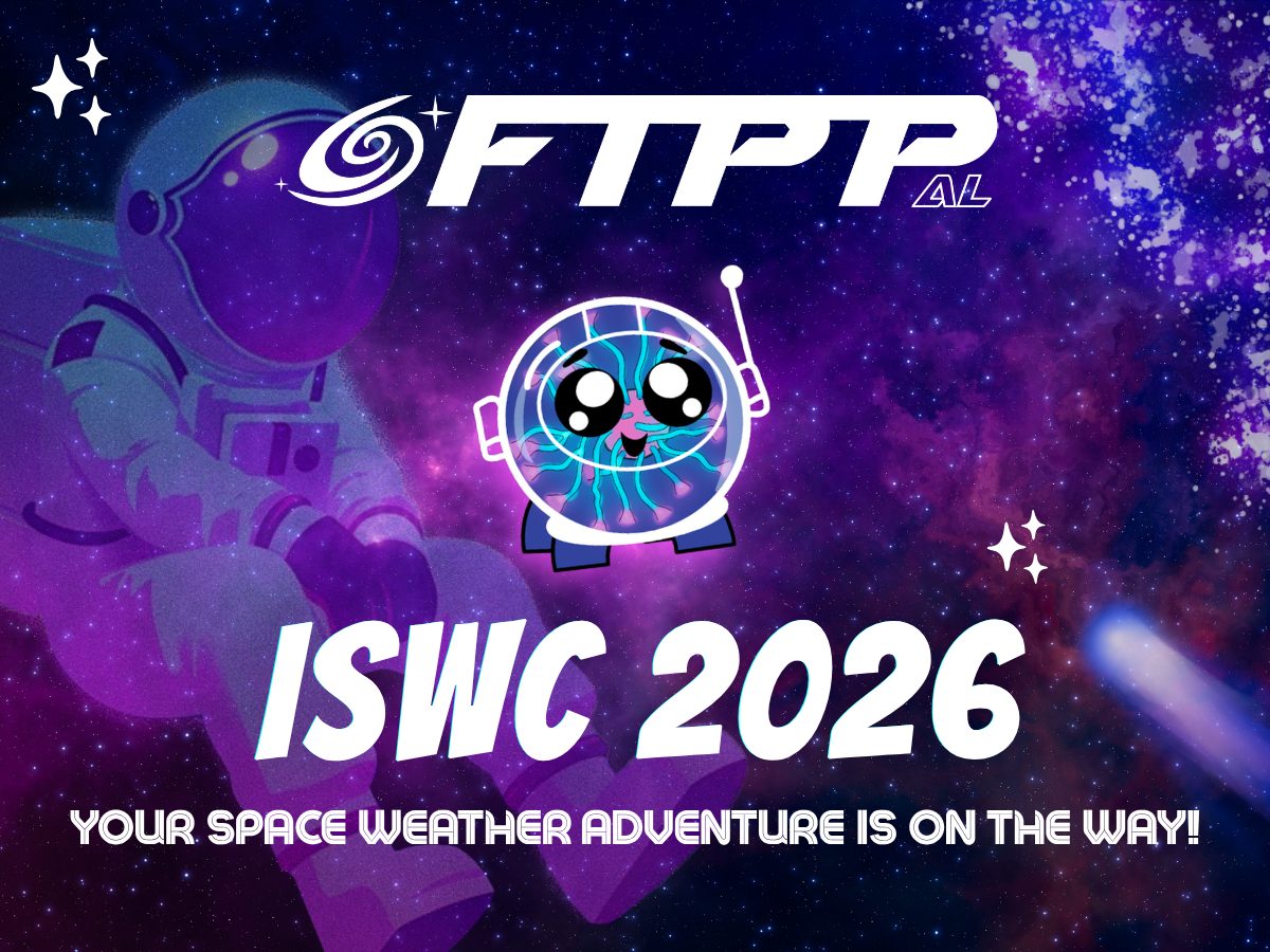Featured graphic for ISWC 2026 showing a purple galaxy space background with an astronaut illustration, the FTPP logo, and a cartoon character in a helmet. Large text reads “ISWC 2026” with the tagline “Your Space Weather Adventure Is On The Way!”