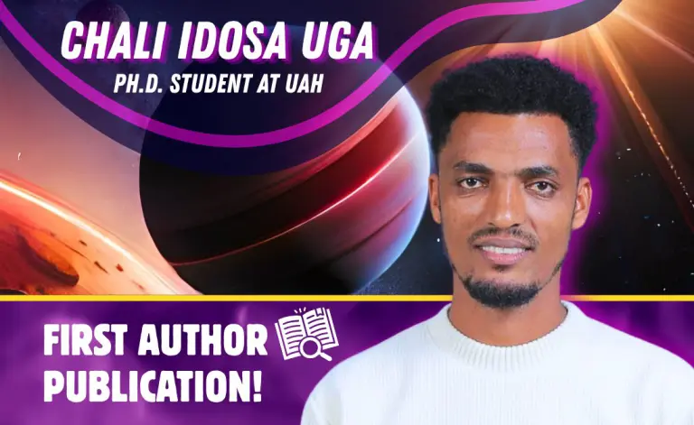 Graphic featuring UAH Ph.D. student Chali Idosa Uga in front of a space-themed background with a planet and Martian landscape. Text reads “Chali Idosa Uga, Ph.D. Student at UAH” and “First Publication!” highlighting his first published research paper.