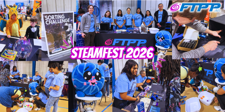 Photo collage from STEAMfest 2026 featuring FTPP volunteers engaging with attendees through hands-on space science activities, including the IMAP Sorting Challenge, interactive demonstrations, and educational displays.
